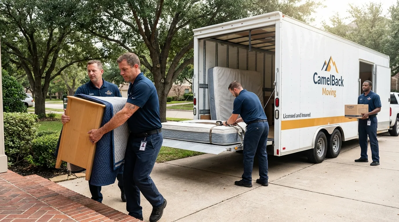 Crew loading residential truck for cross-state move from Laguna, NM
