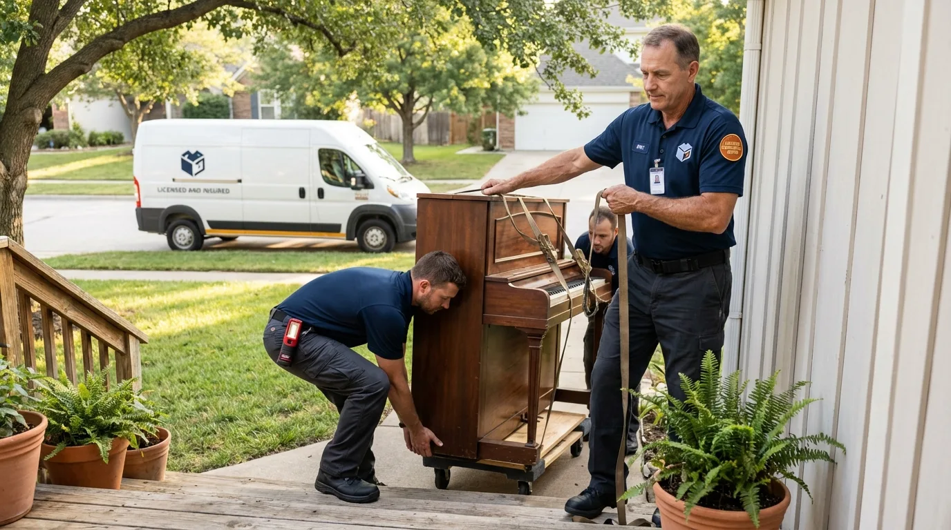 Licensed piano movers securing grand piano in Laguna, NM