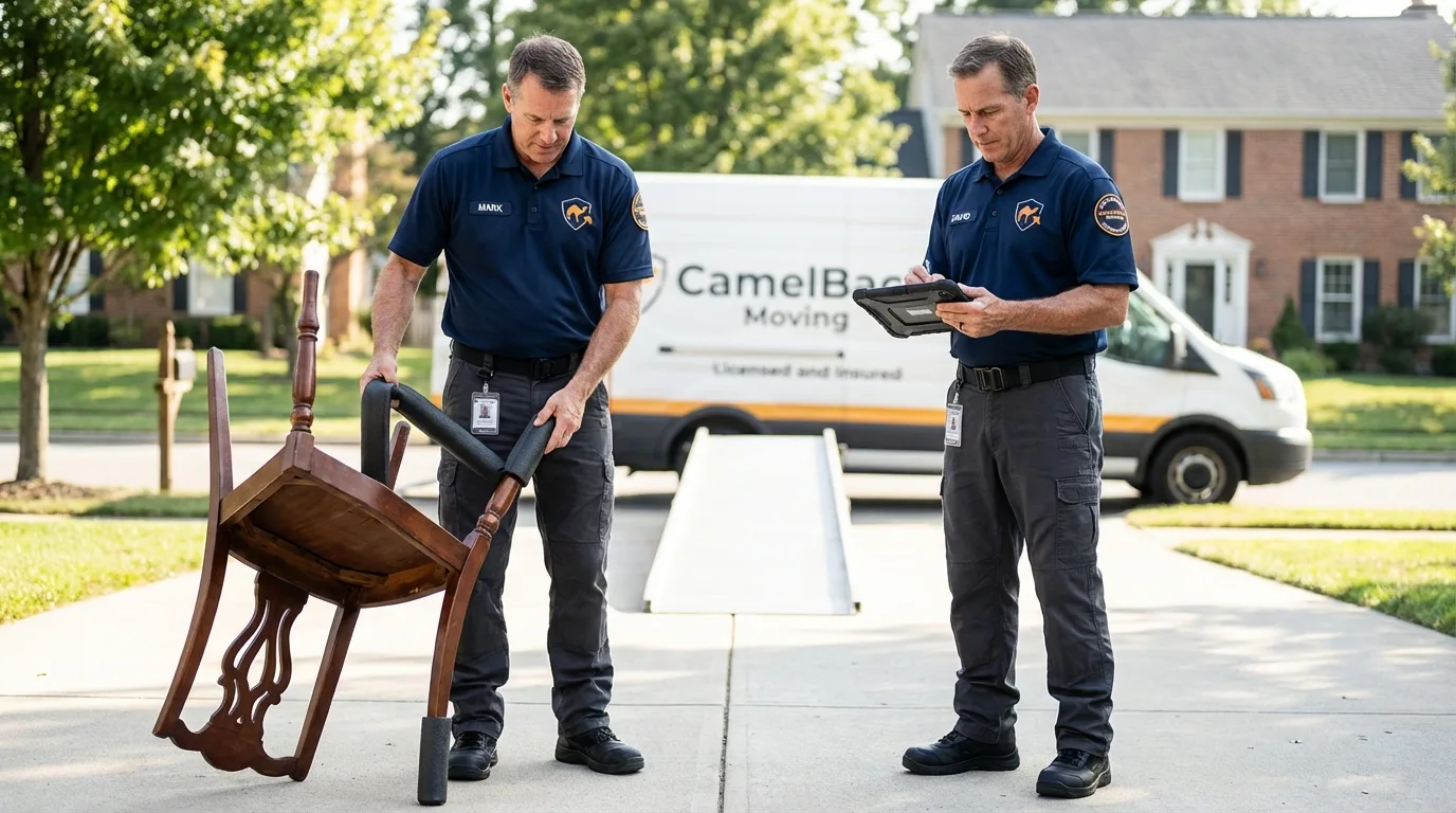 Movers inspecting furniture for damage prevention before loading in Laguna, NM