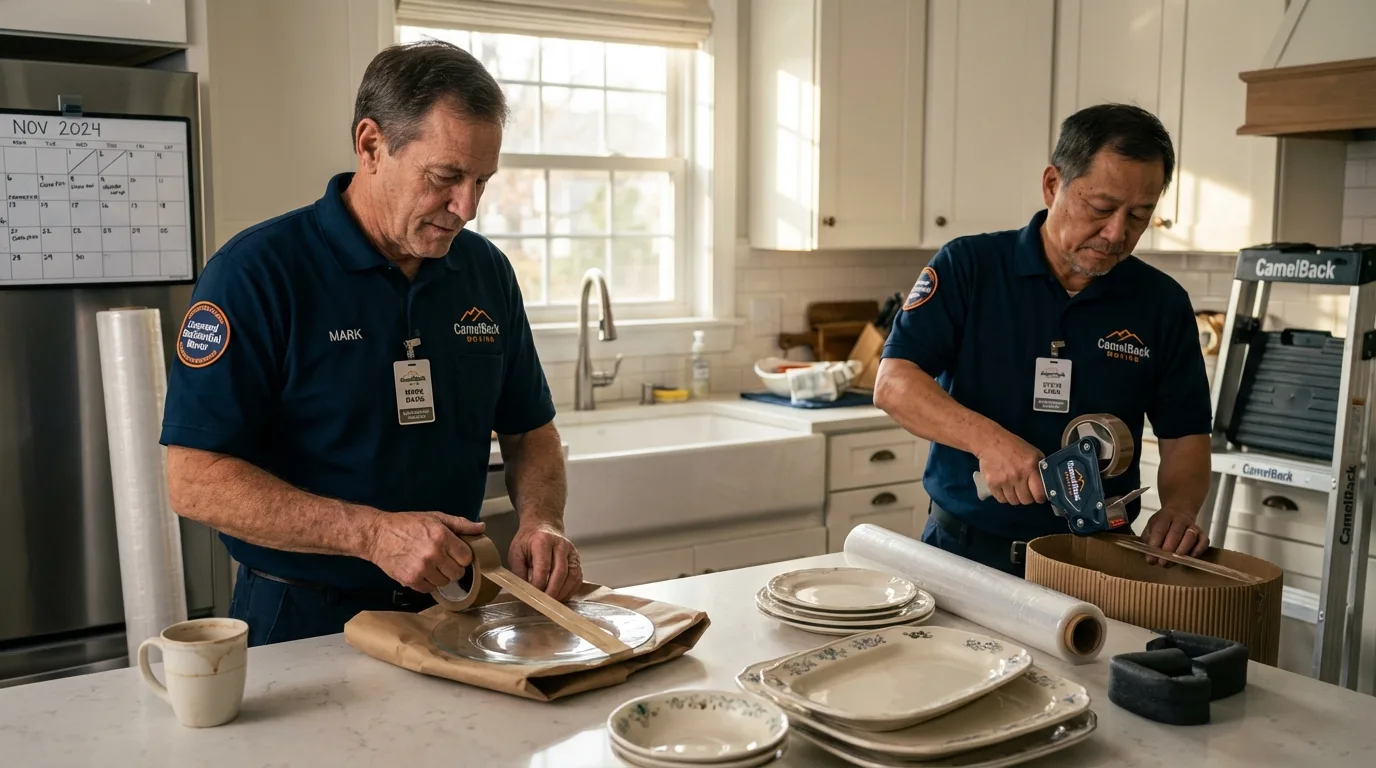 Professional crew packing kitchen dishware in Laguna, NM